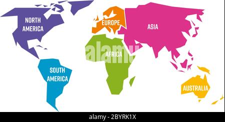 Vereinfachte Weltkarte aufgeteilt auf sechs Kontinente - Südamerika, Nordamerika, Afrika, Europa, Asien und Australien - in verschiedenen Farben, auf weißem Hintergrund und mit weißen Lables. Einfache flache Vektorgrafik. Stock Vektor