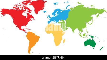 Weltkarte in sechs Kontinente unterteilt. Jeder Kontinent in verschiedenen Farben. Einfache flache Vektorgrafik. Stock Vektor