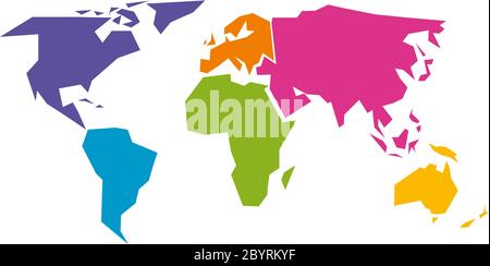 Vereinfachte Weltkarte aufgeteilt auf sechs Kontinente - Südamerika, Nordamerika, Afrika, Europa, Asien und Australien - in verschiedenen Farben. Einfache flache Vektorgrafik. Stock Vektor