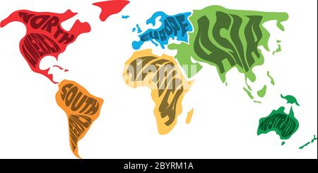 Weltkarte in sechs Kontinente unterteilt. Name jedes Kontinents eingewickelt. Vereinfachte Vektordarstellung. Stock Vektor