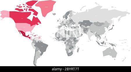 Weltkarte in grauen Farben mit rot markierten Ländern von Nordamerika. Vektorgrafik. Stock Vektor