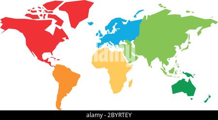 Weltkarte in sechs Kontinente unterteilt. Jeder Kontinent in verschiedenen Farben. Einfache flache Vektorgrafik. Stock Vektor