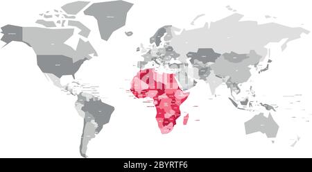 Karte der Welt in grauen Farben mit rot markierten Ländern Afrikas. Vektorgrafik. Stock Vektor