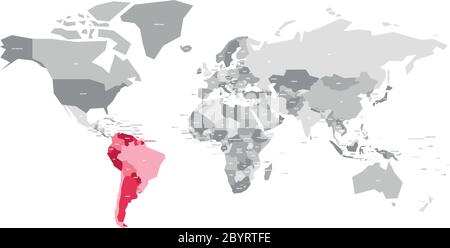 Karte der Welt in grauen Farben mit rot markierten Ländern Südamerikas. Vektorgrafik. Stock Vektor