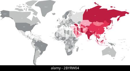 Karte der Welt in grauen Farben mit rot markierten Ländern Asiens. Vektorgrafik. Stock Vektor