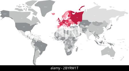 Karte der Welt in grauen Farben mit rot markierten Ländern Europas. Vektorgrafik. Stock Vektor