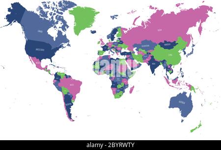 Weltkarte in vier Farben auf weißem Hintergrund. Detaillierte politische Karte mit Ländernamen. Vektorgrafik. Stock Vektor