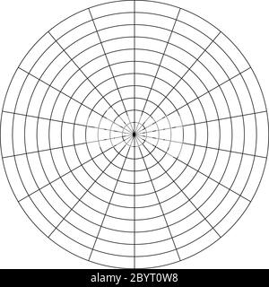 Polares Gitter aus 10 konzentrischen Kreisen und 20-Grad-Schritten. Leeres Vektorpapier für Polardiagramme. Stock Vektor