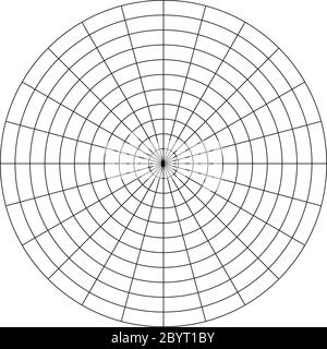 Polares Gitter aus 10 konzentrischen Kreisen und 15-Grad-Schritten. Leeres Vektorpapier für Polardiagramme. Stock Vektor