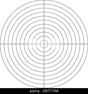 Polares Gitter aus 10 konzentrischen Kreisen und 90-Grad-Schritten. Leeres Vektorpapier für Polardiagramme. Stock Vektor