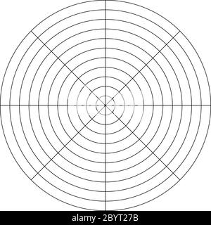 Polares Gitter aus 10 konzentrischen Kreisen und 45-Grad-Schritten. Leeres Vektorpapier für Polardiagramme. Stock Vektor
