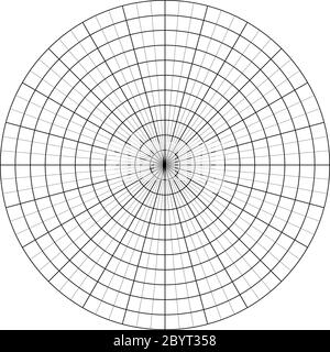 Polares Gitter aus 10 konzentrischen Kreisen und 5-Grad-Schritten. Leeres Vektorpapier für Polardiagramme. Stock Vektor