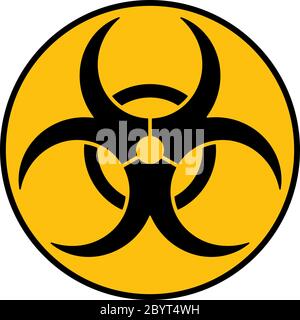 Warnschild für Biogefährdung. Symbol der Gefährdung durch biologischen Mikroorganismus, Virus oder Toxin. Einfache flache schwarze Vektorgrafik auf gelbem Hintergrund. Stock Vektor