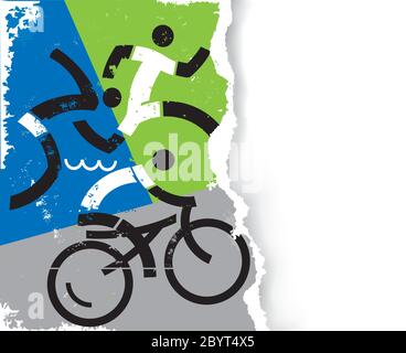 Triathlon-Rennfahrer-Symbole auf Grunge stilisierte zerrissene Papier Hintergrund. Illustration von drei Triathlon-Athleten. Vektor verfügbar. Stock Vektor