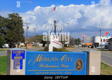 Begrüßungsschild, Historic District, Morgan City, Louisiana, USA Stockfoto