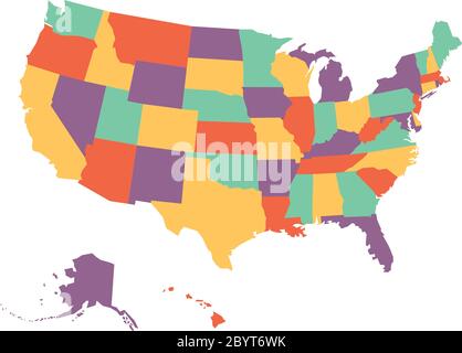 Politische Karte der USA, Vereinigte Staaten von Amerika, in vier Farben auf weißem Hintergrund. Vektorgrafik. Stock Vektor