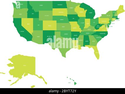 Politische Karte der Vereinigten Staaten von Amerika, USA. Einfache flache Vektorkarte in vier Grüntönen mit weißen Statusbezeichnungen auf weißem Hintergrund. Stock Vektor