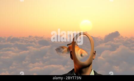 Mann ohne Gesicht über den Wolken. Goldenen Fisch Stockfoto