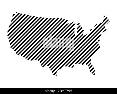 Gestreifte Karte der Vereinigten Staaten von Amerika. USA Karte aus dünnen schwarzen Linien auf weißem Hintergrund. Stock Vektor