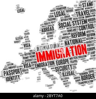 Immigration Wort Cloud Konzept in Form von Europa Silhouette Stock Vektor