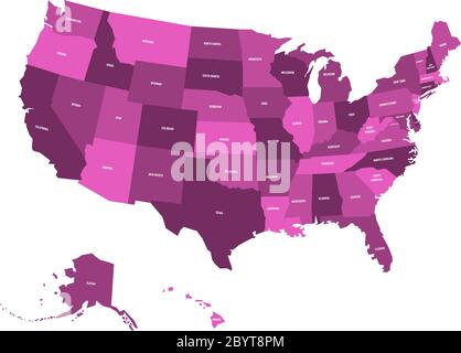 Karte der Vereinigten Staaten von Amerika, USA, in vier Violetttönen mit weißen Staatsetiketten. Einfache flache Vektorgrafik isoliert auf weißem Hintergrund. Stock Vektor