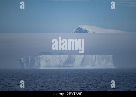 Ein großer tabellarischer Eisberg, der aus dem Nebel in der Bransfield-Straße zwischen den South Shetland Islands und der Antarktischen Halbinsel, Antarktis, erscheint Stockfoto