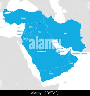 Westasien. Karte der Länder in Westasien oder im Nahen Osten. Vektorgrafik. Stock Vektor
