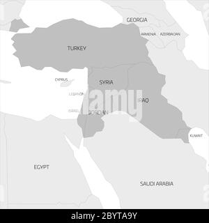 Karte der transkontinentalen Region des Nahen Ostens oder des Nahen Ostens mit Hervorhebung der Türkei, Syrien, Irak, Jordanien, Libanon und Israel. Flache graue Karte mit dünnen schwarzen Bordüren. Stock Vektor