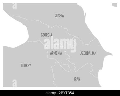 Karte der kaukasischen Region mit Staaten von Georgien, Armenien, Aserbaidschan, Russland Türkei und Iran. Flache graue Karte mit weißen Ländergrenzen. Stock Vektor