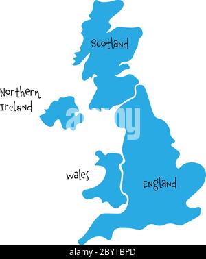 Großbritannien, auch bekannt als Großbritannien, von Großbritannien und Nordirland handgezeichnete leere Karte. Aufgeteilt in vier Länder - England, Wales, Schottland und NI. Einfache flache Vektorgrafik. Stock Vektor