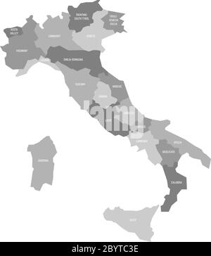 Karte von Italien in 20 Verwaltungsregionen in vier Grautönen unterteilt. Weiße Etiketten. Einfache flache Vektorgrafik. Stock Vektor