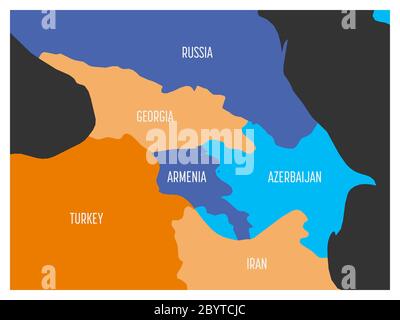 Karte der kaukasischen Region mit Staaten von Georgien, Armenien, Aserbaidschan, Russland Türkei und Iran. Einfache flache Vektorkarte in vier Farben mit weißen Ländereinfassen und weißen Etiketten. Stock Vektor