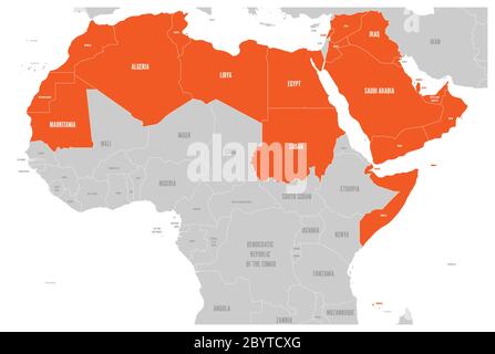 Arabische Welt Staaten politische Karte mit erhellten 22 arabischsprachigen Ländern der Arabischen Liga. Nordafrika und Naher Osten. Vektorgrafik. Stock Vektor