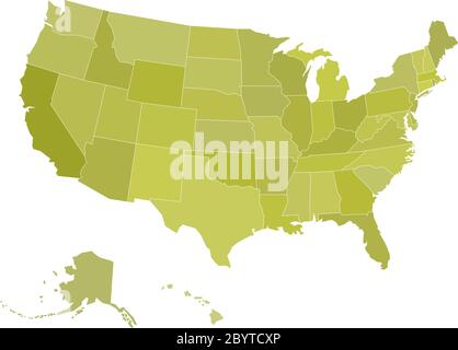 Leere Karte der Vereinigten Staaten von Amerika. Vektor-Illustration in grünen Schattierungen auf weißem Hintergrund. Stock Vektor