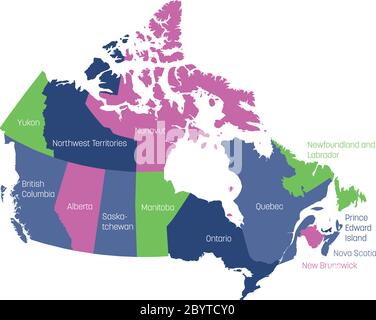 Karte von Kanada in 10 Provinzen und 3 Territorien aufgeteilt. Verwaltungsregionen Kanadas. Mehrfarbige Karte mit Etiketten. Vektorgrafik. Stock Vektor