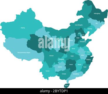 Regionale Karte der Verwaltungsprovinzen von China. Vier Türkisblau-Schattierungen mit weißen Etiketten auf weißem Hintergrund. Vektorgrafik. Stock Vektor