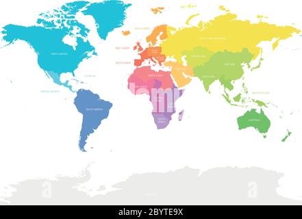 Bunte Karte der Welt in Regionen unterteilt. Einfache flache Vektorgrafik. Stock Vektor