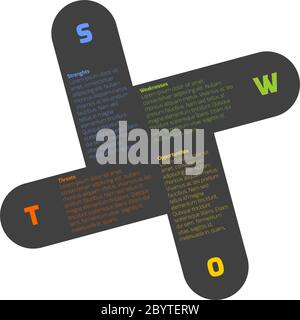 SWOT Business Infographic Diagram oder SWOT-Matrix, verwendet, um die Stärken, Schwächen, Chancen und Bedrohungen in einem Projekt zu bewerten. Vektor-Geschäftskonzept von Textblöcken und in einer Windfahne angeordnet. Stock Vektor