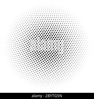 Schwarzer abstrakter Halbtonkreis aus Punkten in radialer Anordnung auf weißem Hintergrund. Vektorgrafik. Stock Vektor