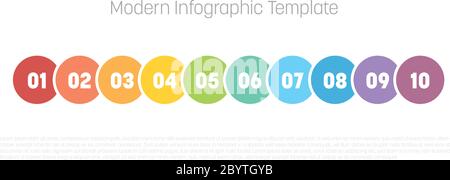 10 Schritt Prozess modernes Infografik Diagramm. Diagrammvorlage für Kreise. Geschäftskonzept mit 10 Schritten oder Optionen. Modernes Design Vektor-Element in verschiedenen Farben mit Etiketten. Stock Vektor