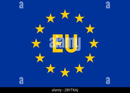 Flagge der Europäischen Union. Zwölf gelbe Sterne auf blauem Hintergrund mit EU-Label in der Mitte. Vektorgrafik. Stock Vektor