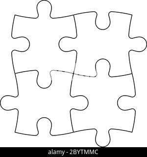 Gelöst Puzzle von vier Teilen. Teamzusammenarbeit, Teamarbeit oder Lösungsgeschäft. Einfache flache Vektorgrafik mit schwarzer Umrandung auf weißem Hintergrund. Stock Vektor