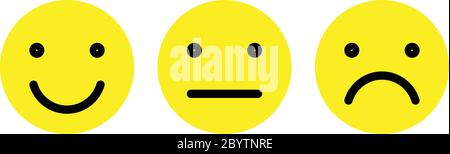 Grundlegende Emoticons gesetzt. Drei Gesichtsausdruck der Feedback-Skala - von positiv bis negativ. Einfache gelbe Vektorsymbole. Stock Vektor