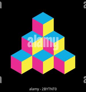Pyramide von Würfeln in CMYK-Farben. 3D-Vektorgrafik isoliert auf weißem Hintergrund. Stock Vektor