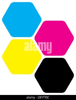 Vier Sechsecke in CMYK-Farben. Druckerthema. Vektorgrafik. Stock Vektor