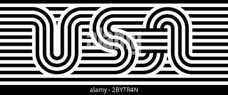 USA-Etikett. Gestreiftes Designelement. Symbol der Vereinigten Staaten von Amerika. Einfache flache Vektorgrafik in Schwarz auf weißem Hintergrund. Stock Vektor