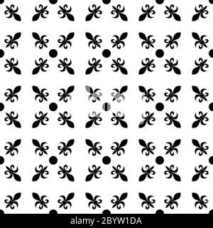 Fleur de LIS in diagonaler Anordnung mit Punkt in der Mitte. Abstraktes geometrisches Muster im Retro-Look. Schwarze Vektorgrafik auf weißem Hintergrund. Stock Vektor