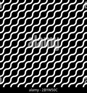 Abstraktes nahtloses Muster mit weißen Wellen in diagonaler Anordnung auf schwarzem Hintergrund. Einfache flache geometrische Vektorgrafik. Stock Vektor