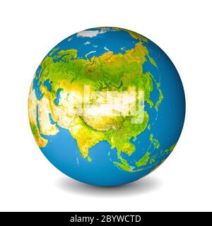 Erdkugel auf weißem Hintergrund isoliert. Satellitenansicht mit Schwerpunkt auf Asien. Elemente dieses Bildes, die von der NASA bereitgestellt wurden. Stockfoto