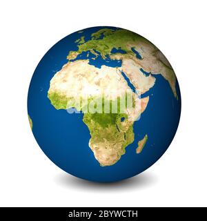 Erdkugel auf weißem Hintergrund isoliert. Satellitenansicht mit Schwerpunkt auf Afrika. Elemente dieses Bildes, die von der NASA bereitgestellt wurden. Stockfoto